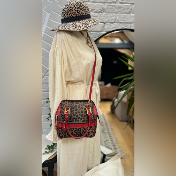 FENDI LVMH 1990s Leopard Print Two Way Cross Body Tote Satchel Handbag Purse - Picture 2 of 12